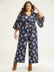 Floral Print Bell Sleeve Pocket Belted Jumpsuit