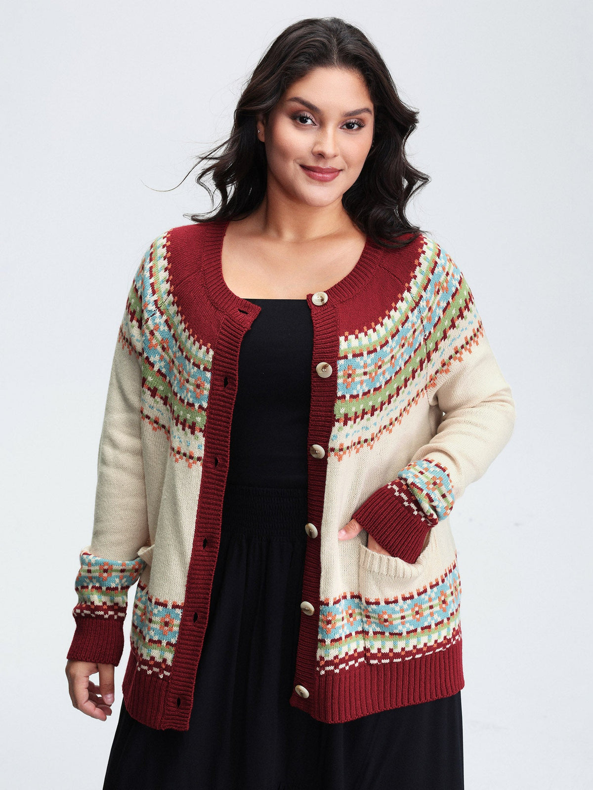 Fair Isle Button-Front Pockets Cardigan