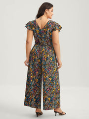 Floral Print Belted Ruffled Sleeve Jumpsuit