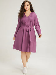Solid Notched Pocket Pleated Belted Dress