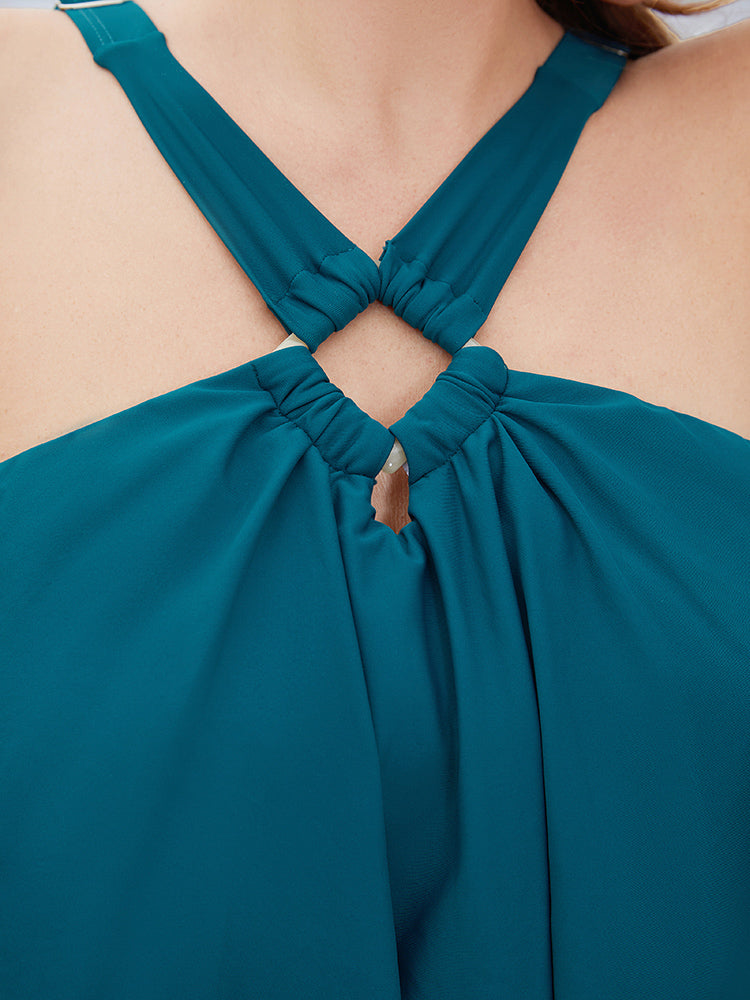 Halter Neck Buckle Ruffle Tiered One Piece Swimsuit