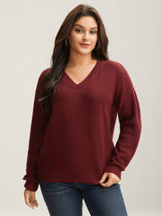 Solid Pointelle Knit V Neck Loose Knit Top