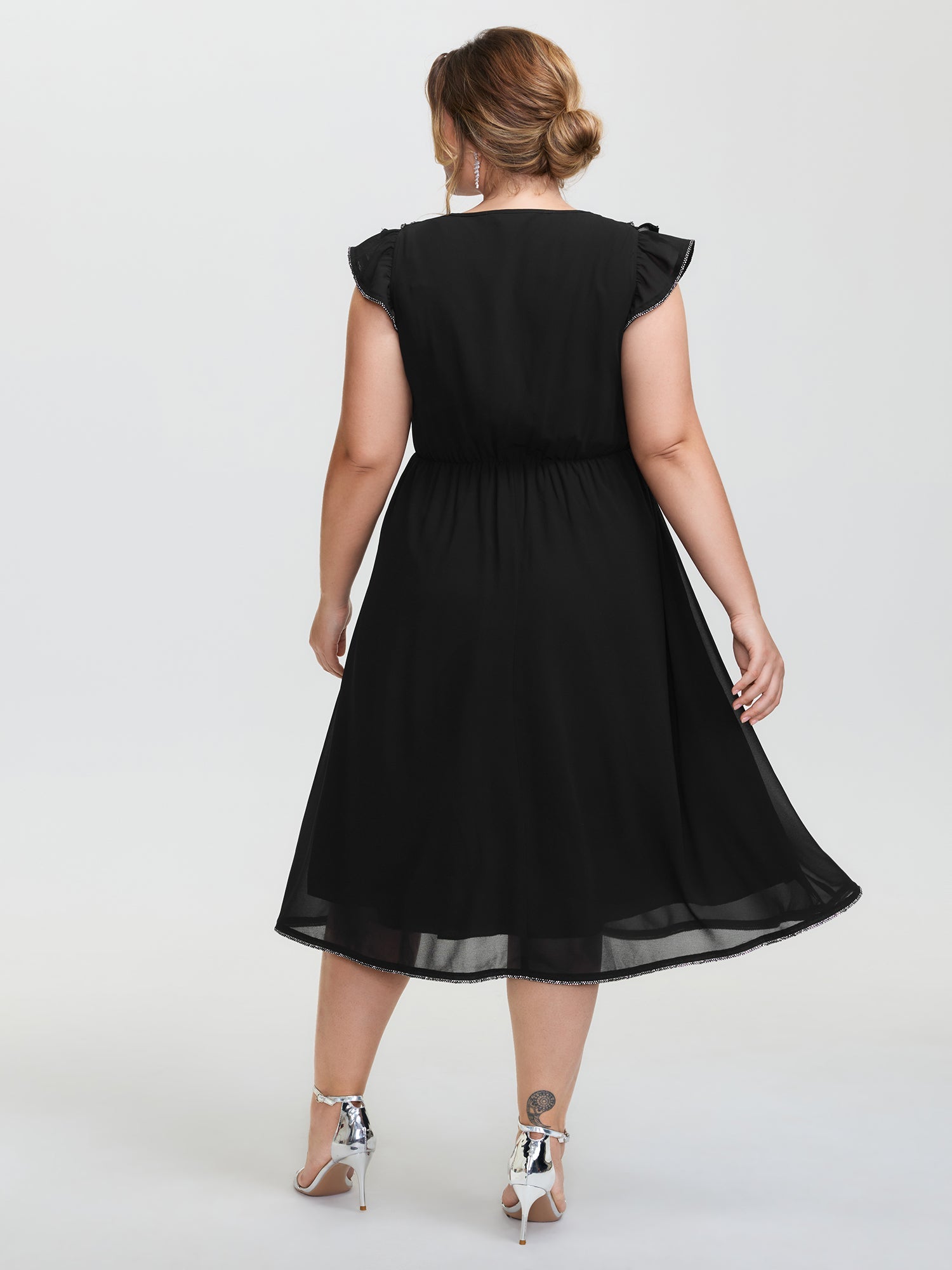 Sheer Rhinestone Chain Trim Ruffled Midi Dress