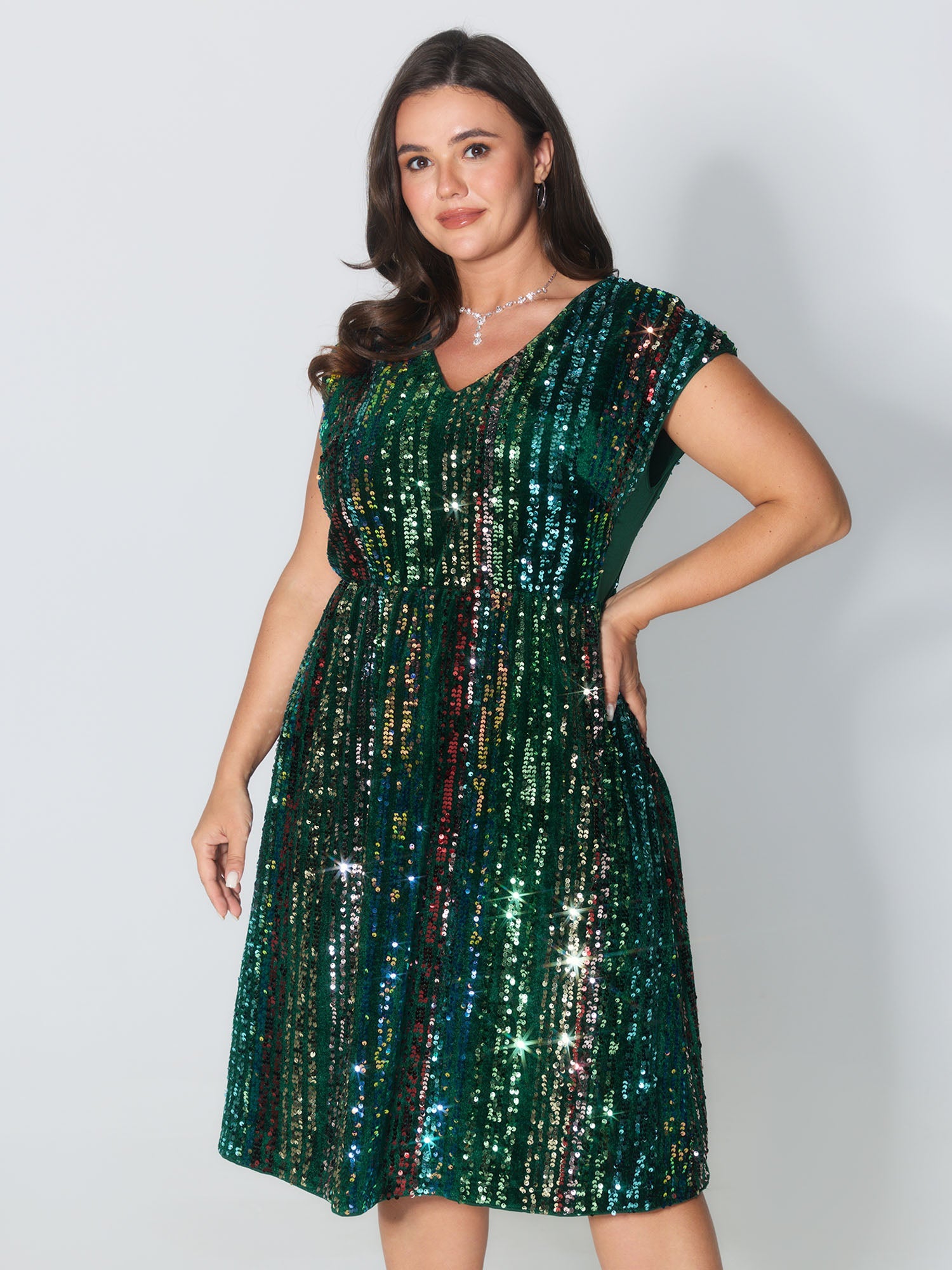 Shimmery Sequin Stripe Cinched-Waist Midi Dress