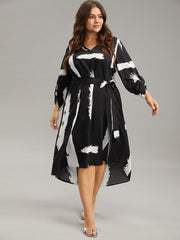 Brush Print V Neck Belted Tab Sleeve Dress