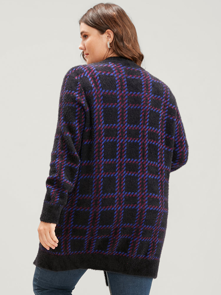 Plaid Contrast Soft Sexy Yarn Knit Fluffy Open Front Cardigan