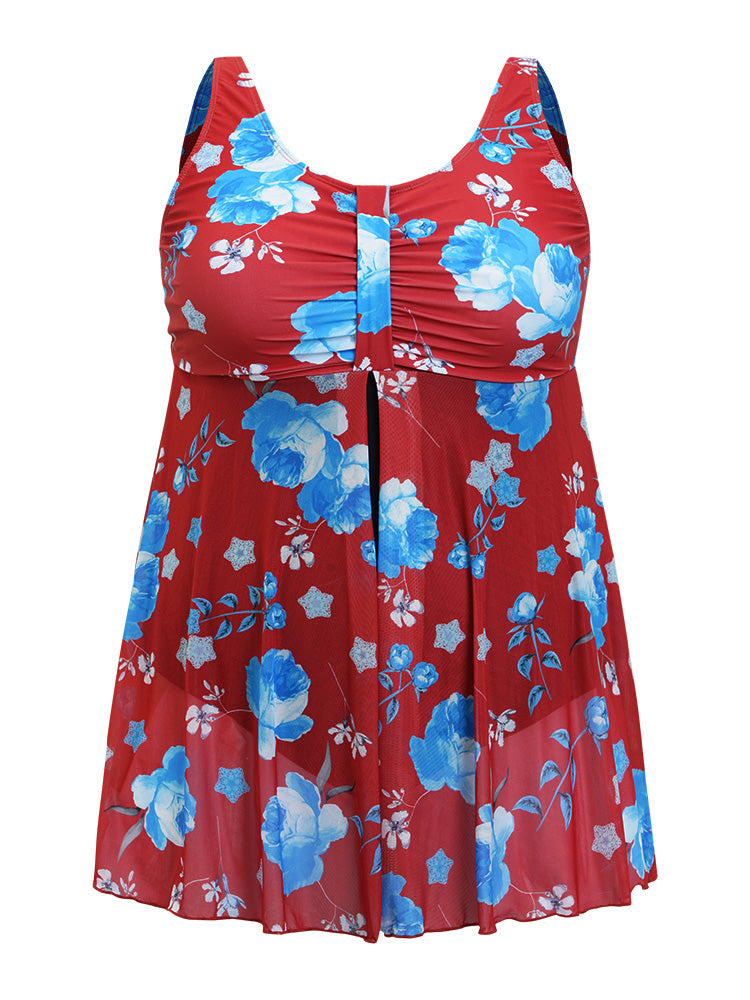 Floral Print Split Front Ruched A Line Swim Dress