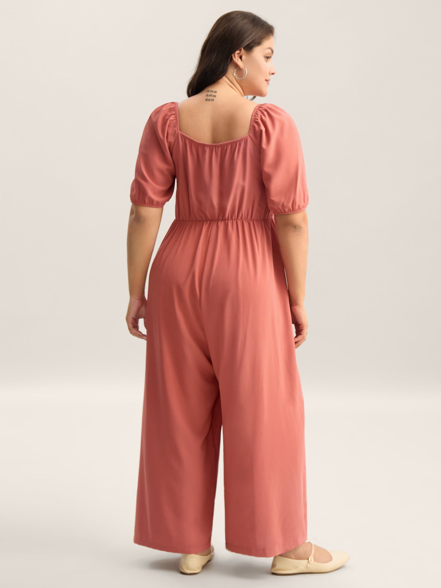 Shirred Puffy Sleeve Pockets Jumpsuit