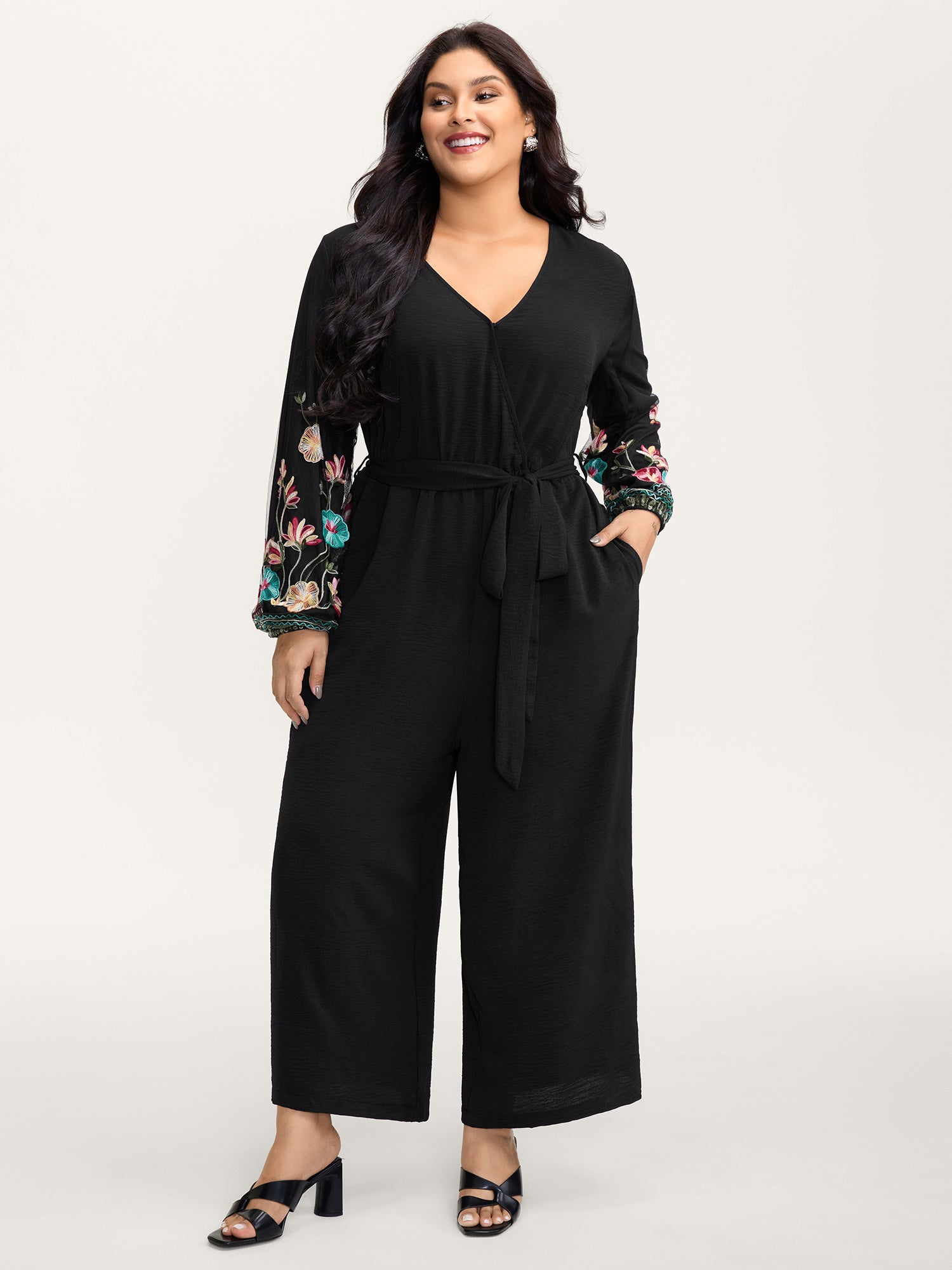Floral Embroidery Waist-Tie Jumpsuit