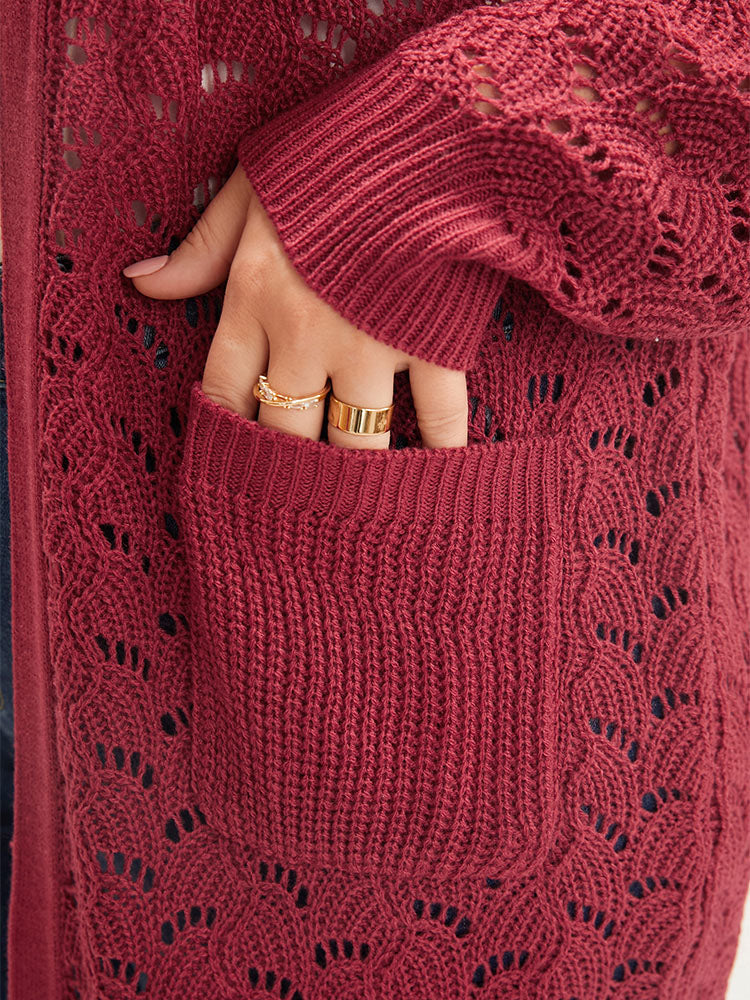 Plain Pointelle Knit Cut Out Pocket Open Front Mid Long Cardigan