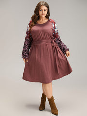 Floral Leopard Patchwork Belted Lantern Sleeve Dress