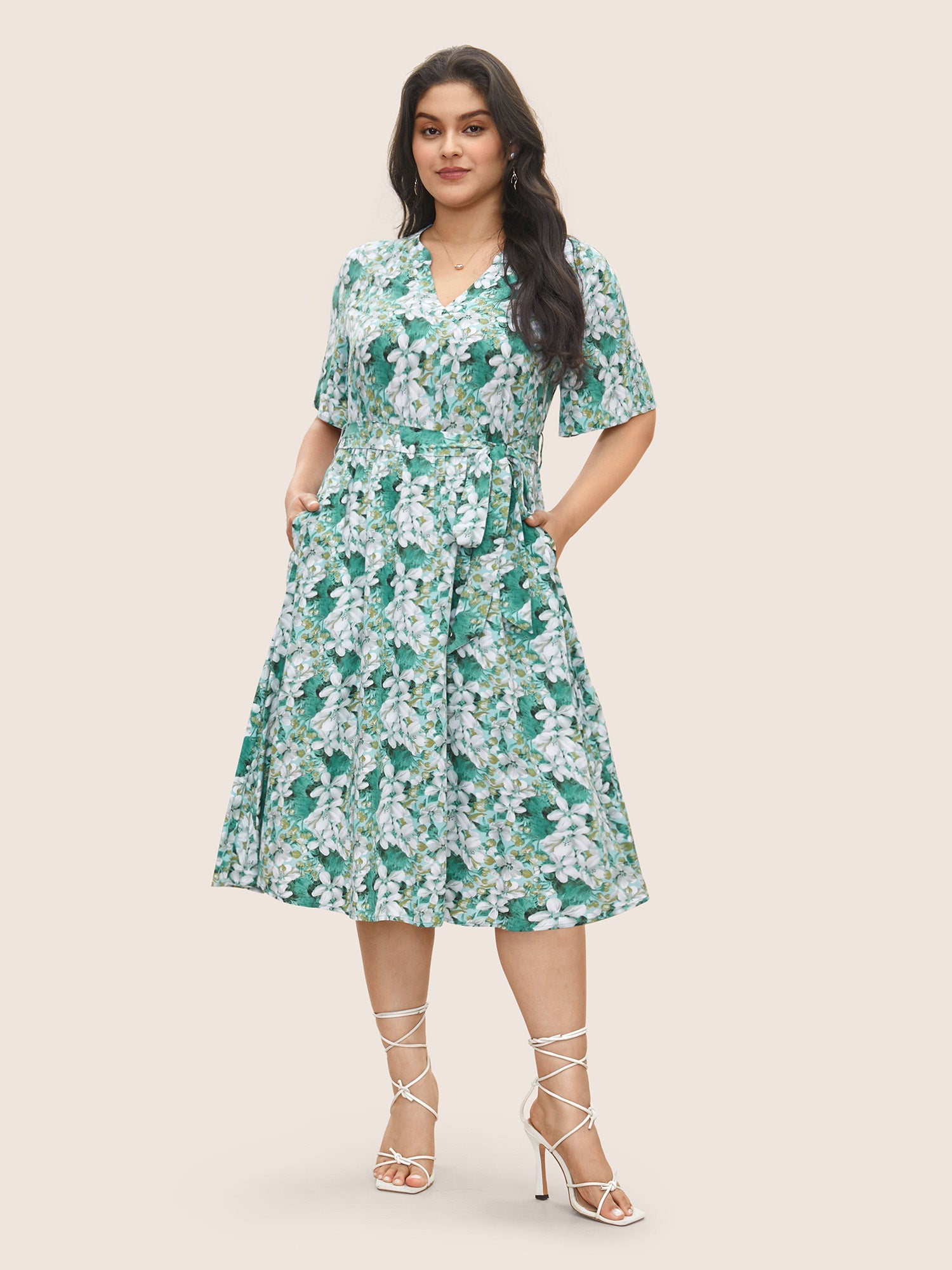 Floral Print Notched Belted Midi Dress