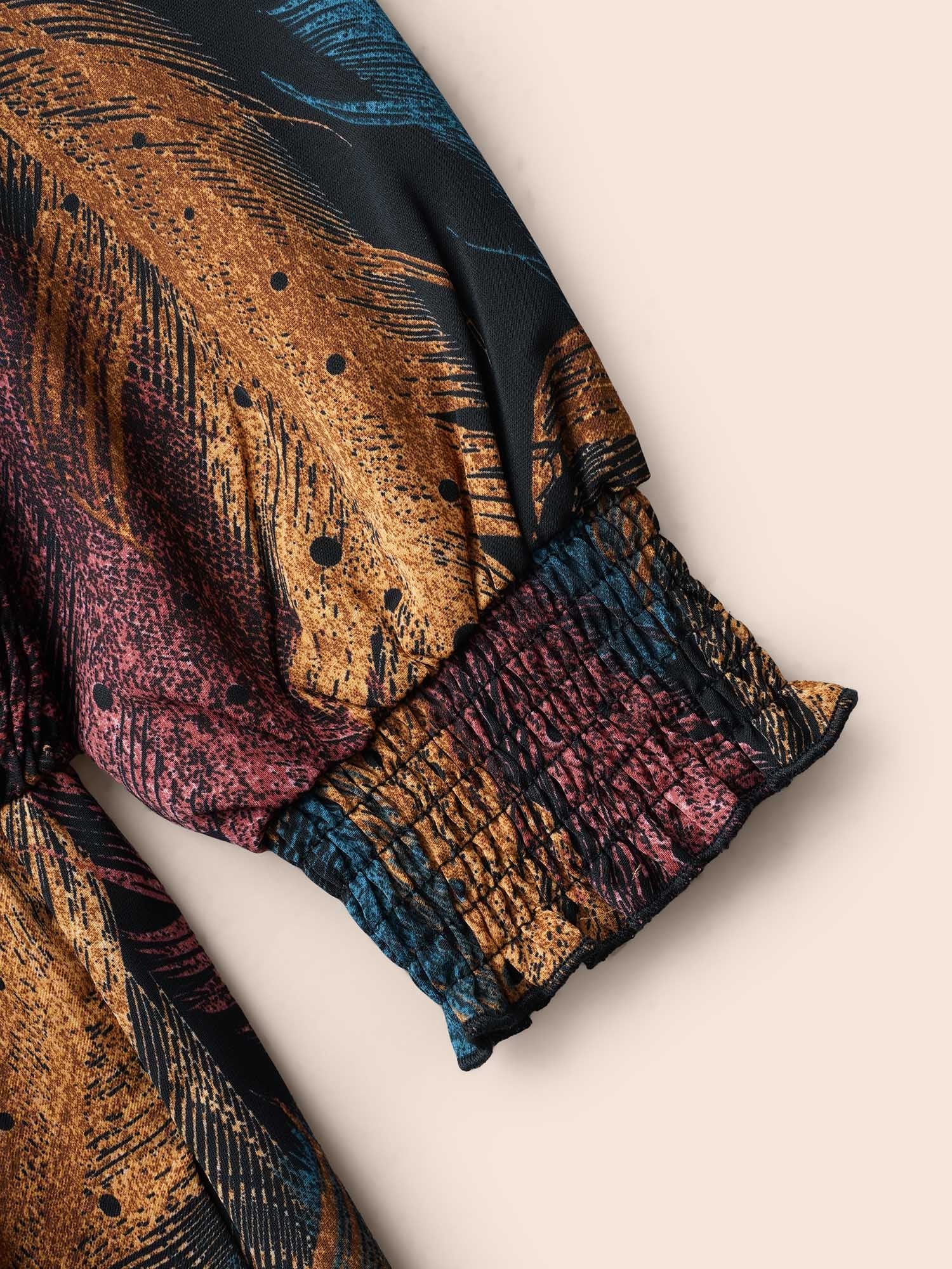 Feather Print Shirred Lantern Sleeve Dress