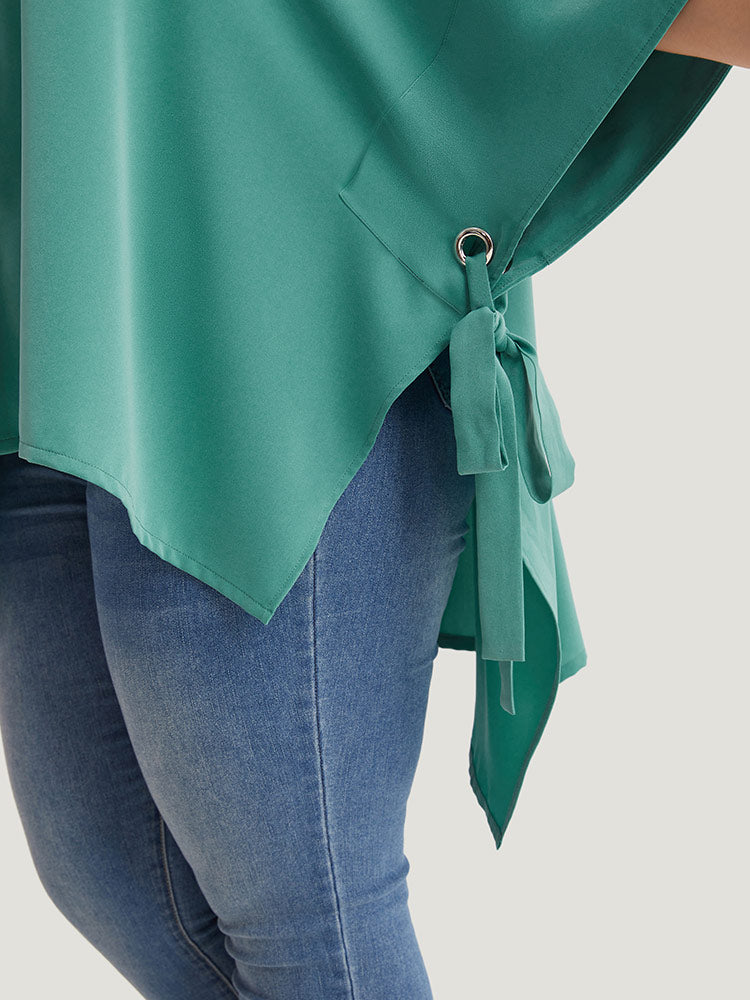 Plain Shirt Collar Asymmetrical Hem Bowknot Kimono