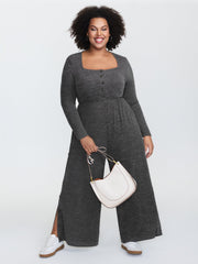 Stretchy Button Placket Wide-Leg Jumpsuit
