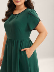 Petal Sleeve Pleated Pockets Midi Dress