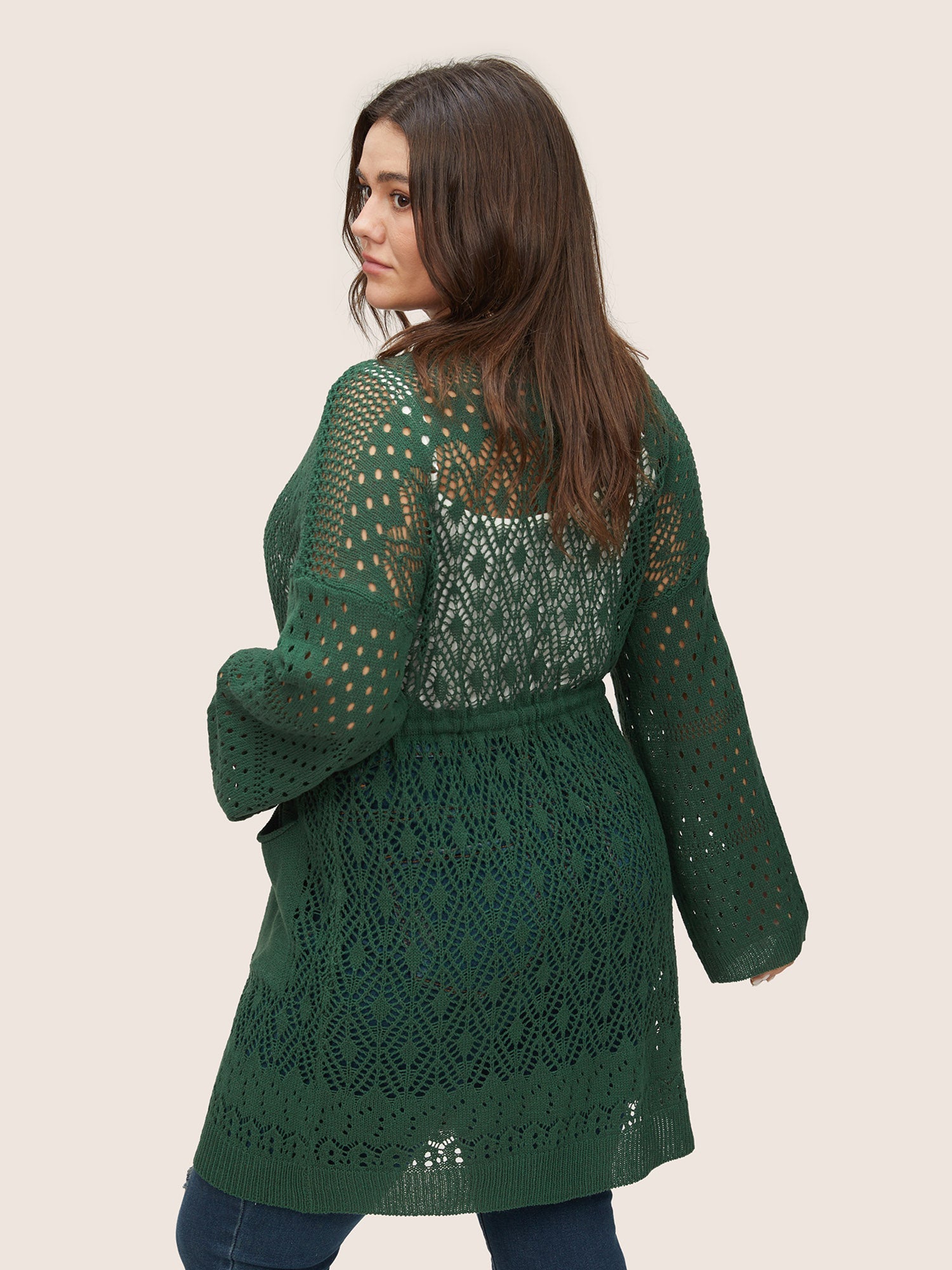 Solid Drawstring Pocket Hollow Out Cardigan