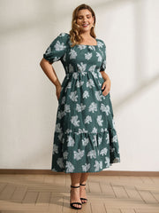 Floral Plaid Print Puffy Sleeve Midi Dress