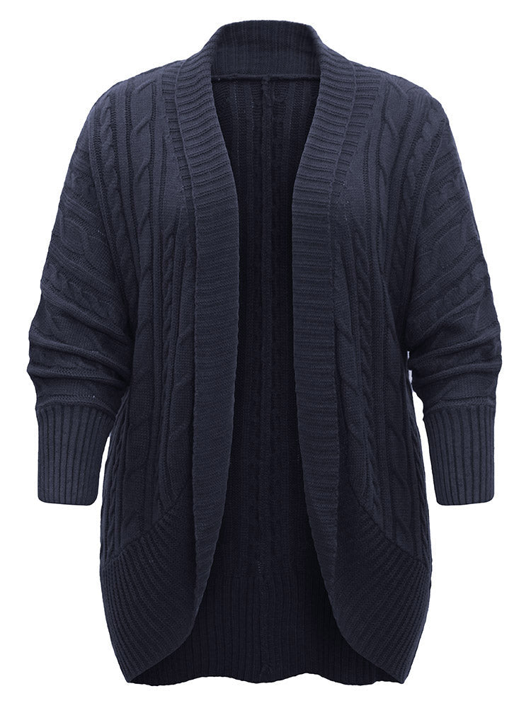 Solid Cable Knit Texture Arc Hem Dolman Sleeve Cardigan