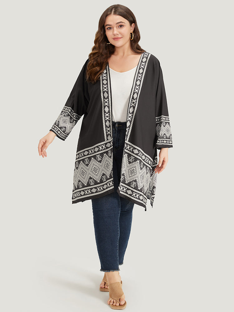 Boho Print Open Front Pocket Split Hem Kimono