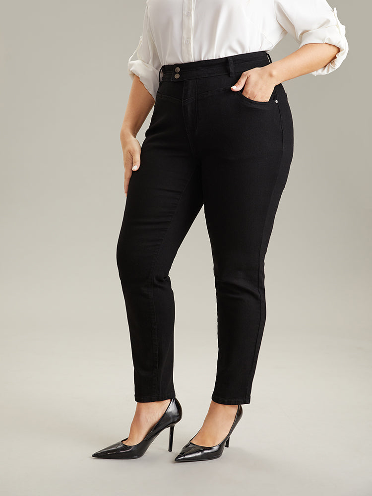 Plain Black Wash Button Through Jeans