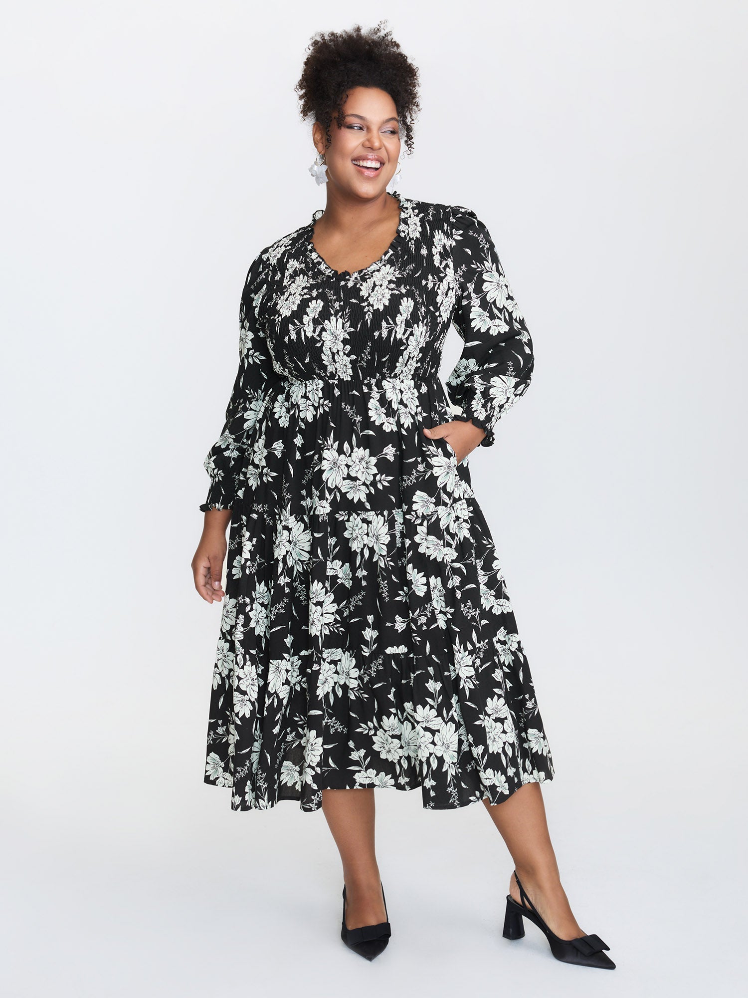 Silhouette Flower Shirred Maxi Dress