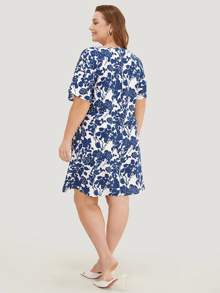 Floral Print Batwing Sleeve Pocket Knot Side Dress