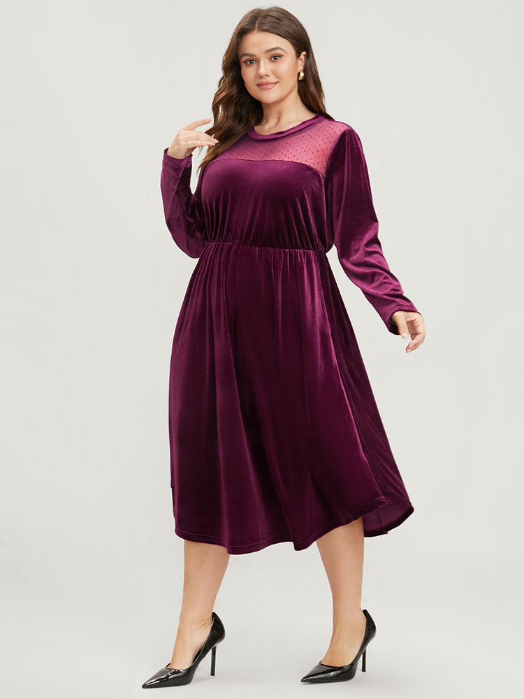 Solid Mesh Patchwork Pocket Velvet Arc Hem Dress