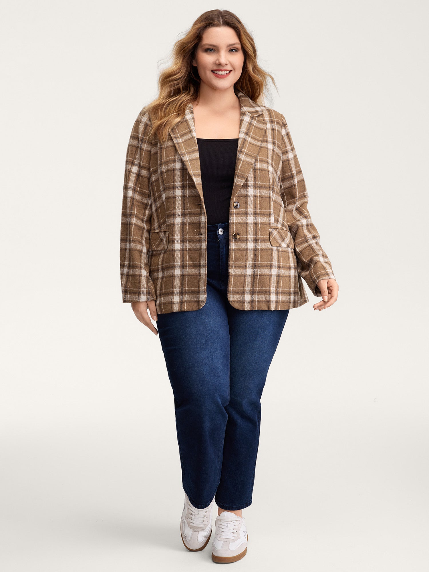 Plaid Pattern Button-Front Blazer