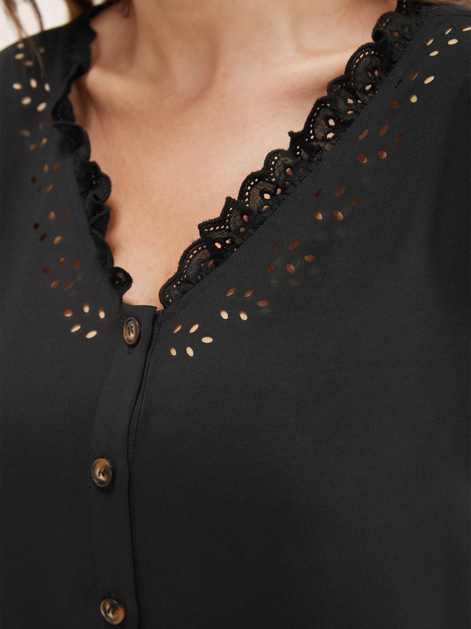 Solid Lace Trim Button Up Laser Cut Puff Sleeve Blouse