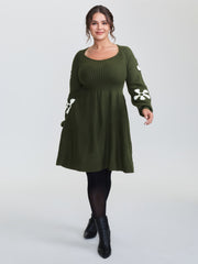 Floral Cord Embroidered Cinched-Waist Sweater Dress