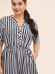 Striped Notched Button Detail Midi Dress