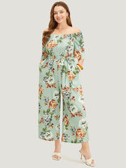 Floral Flutter Sleeve Gathered Belt Pocket Jumpsuit