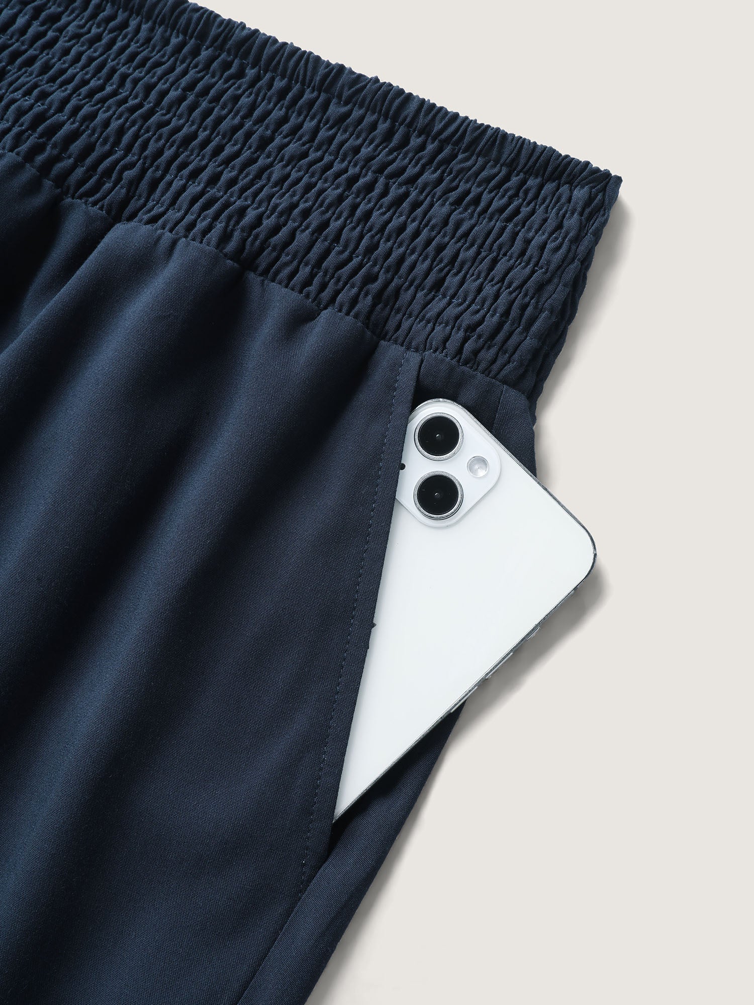 Shirred Waist Solid Straight-Leg Pants