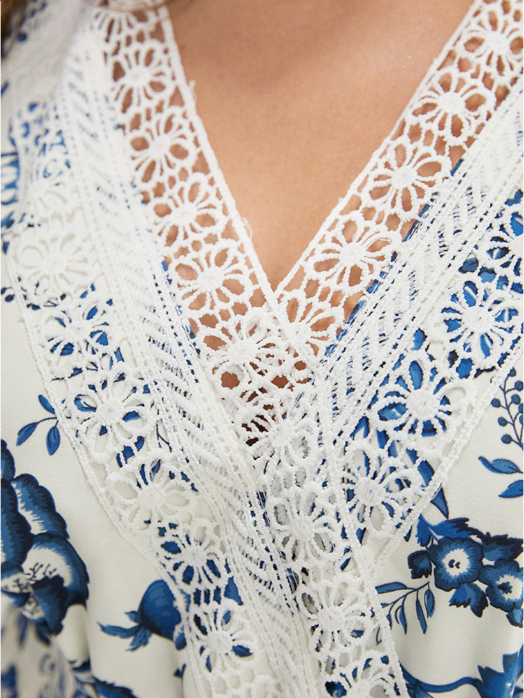 Floral Belted Pocket Lace Trim Wrap Jumpsuit