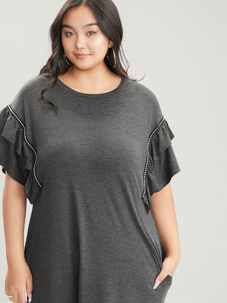 Solid Round Neck Pocket Beaded Webbing Ruffle Trim Dress