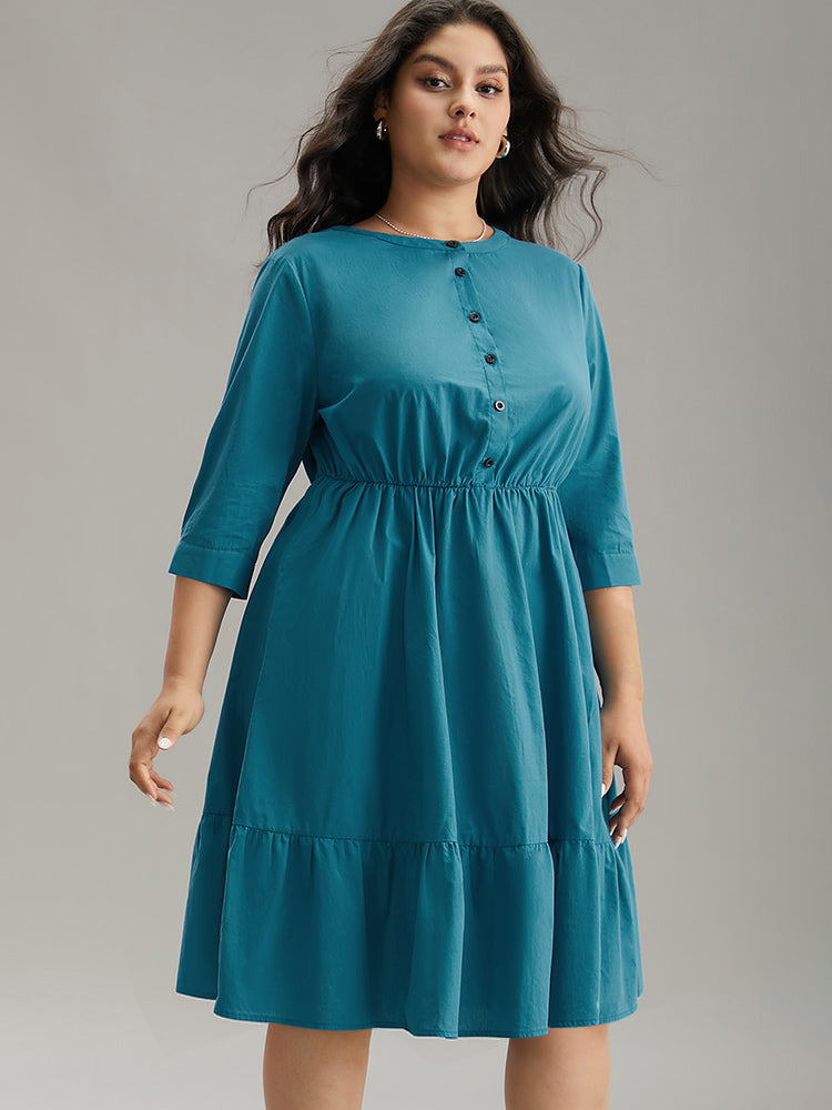 Solid Button Up Ruffles Pocket Gathered Dress