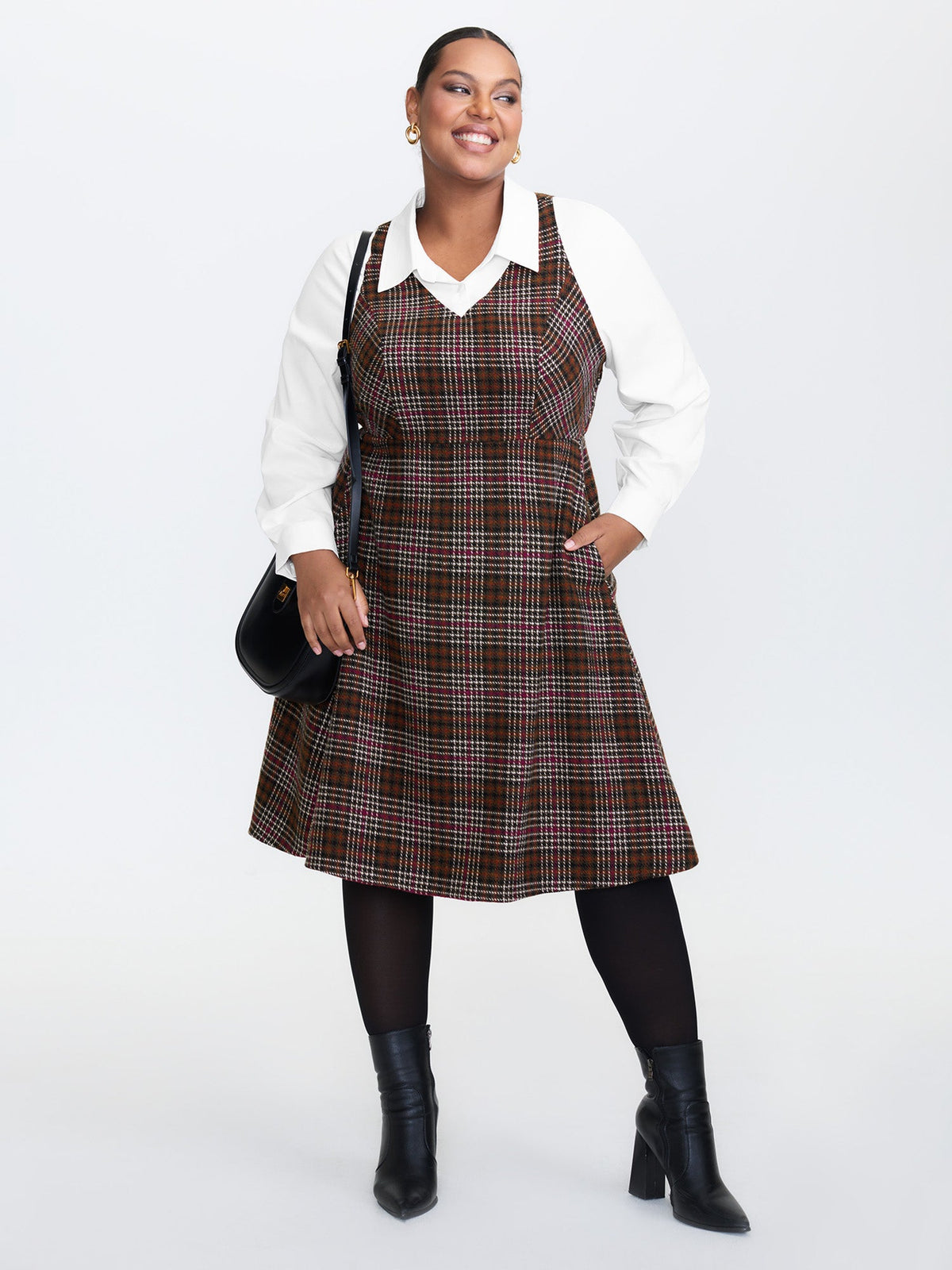 2 In 1 Plaid Pockets Midi Dress