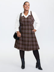 2 In 1 Plaid Pockets Midi Dress