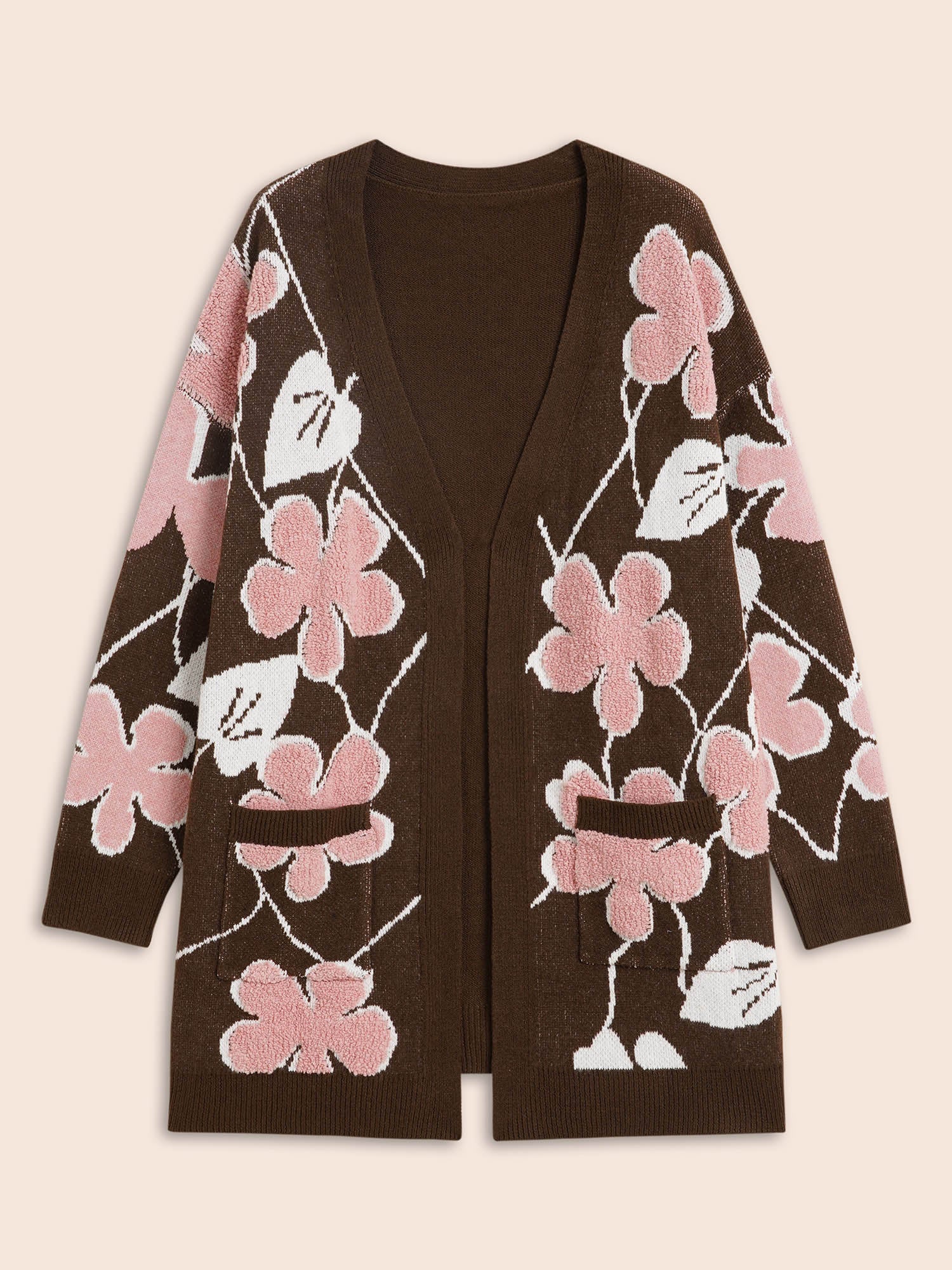 Floral Jacquard Open Front Pocket Cardigan
