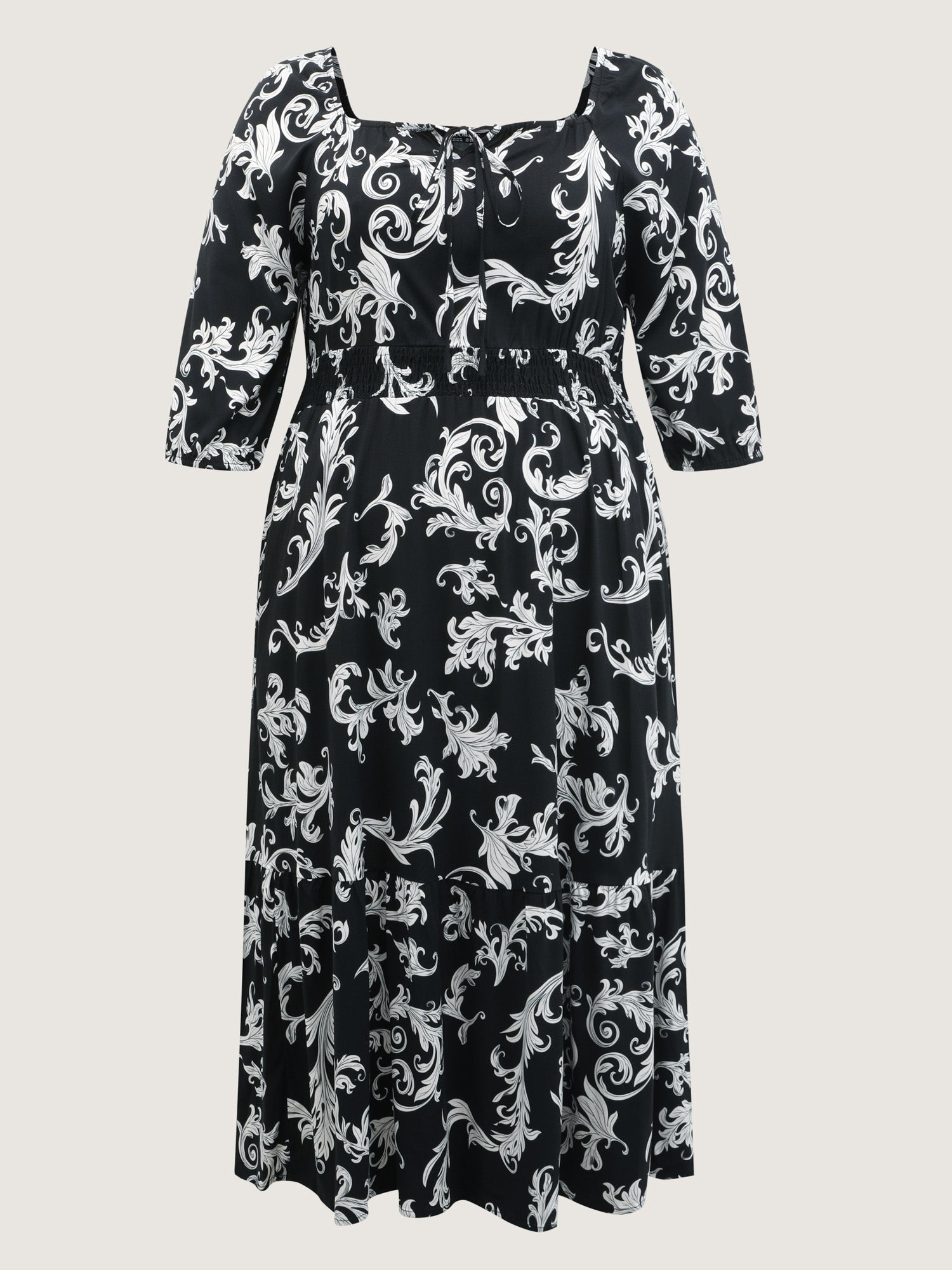 Scroll Pattern Adjustable Drawstring Pockets Maxi Dress