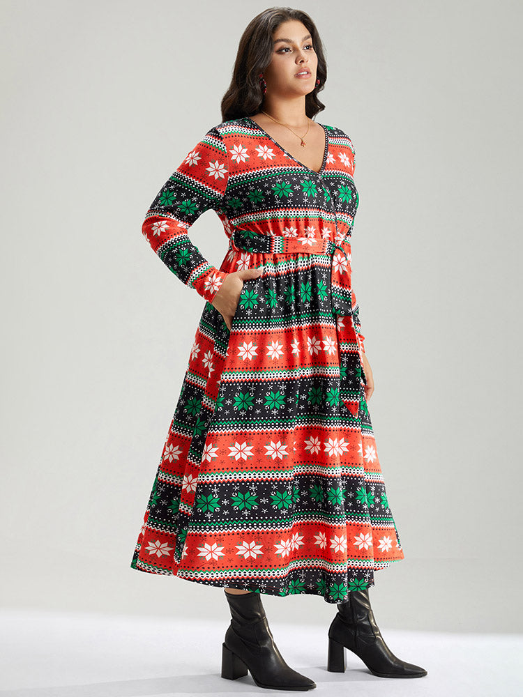 Snowflake Print Contrast Belted Surplice Neck Dress