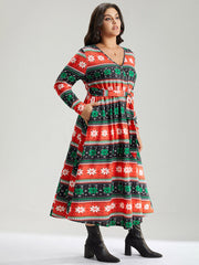 Snowflake Print Contrast Belted Surplice Neck Dress