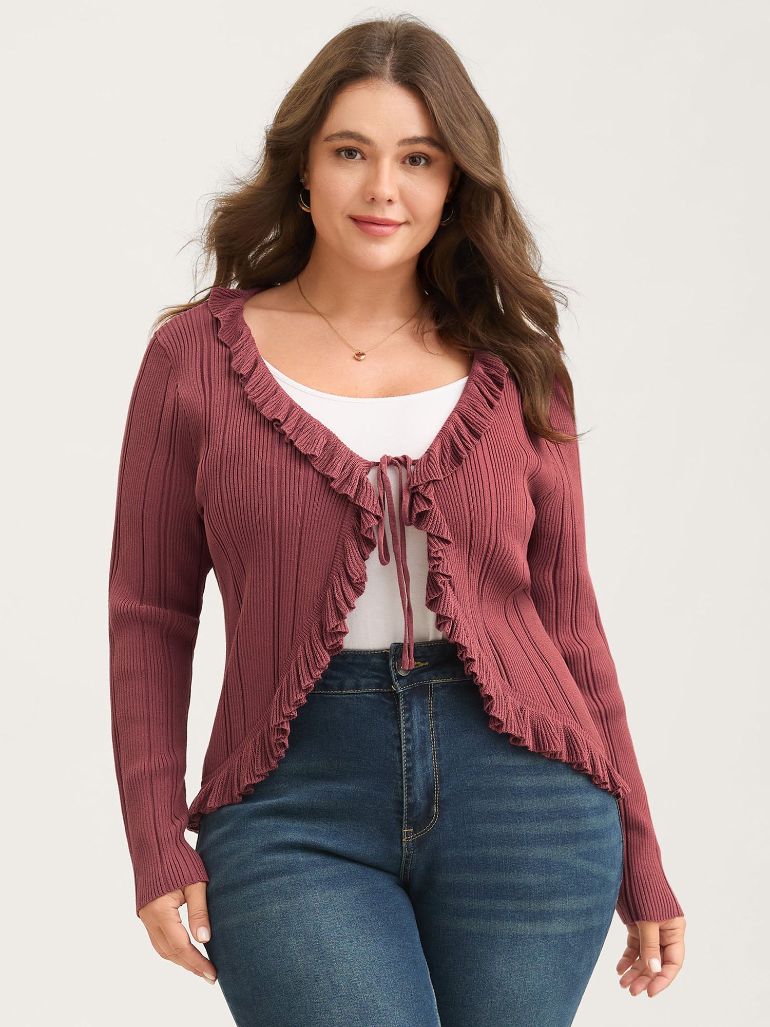 Ruffled Edged Front Tie Knit Cardigan