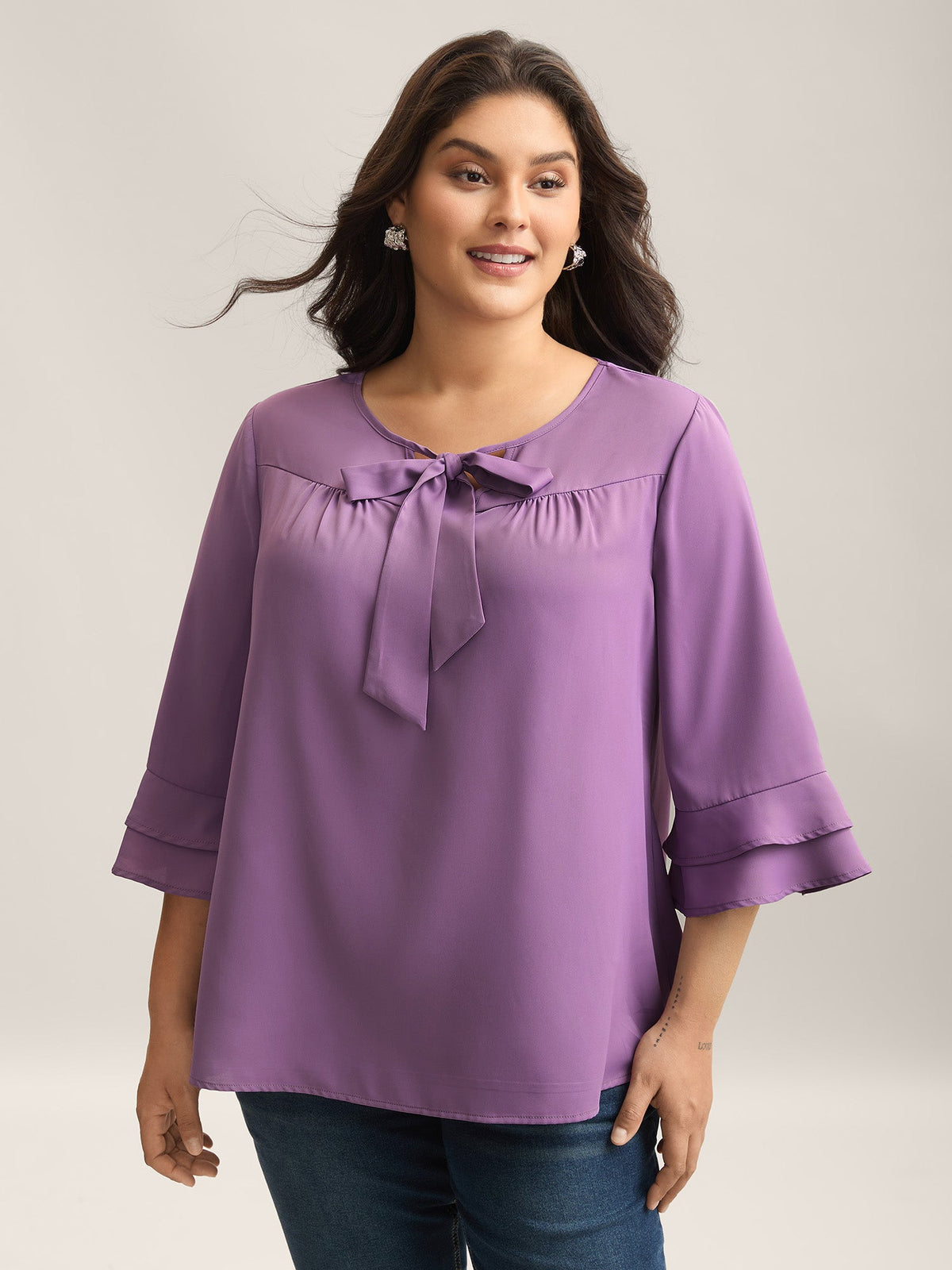 Solid Ribbon Tied Collar Bell Sleeve Blouse