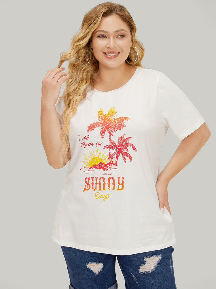 Coconut Tree & Letter Print Drop Shoulder T-shirt