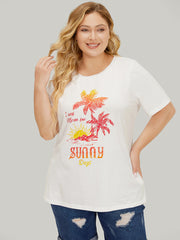 Coconut Tree & Letter Print Drop Shoulder T-shirt