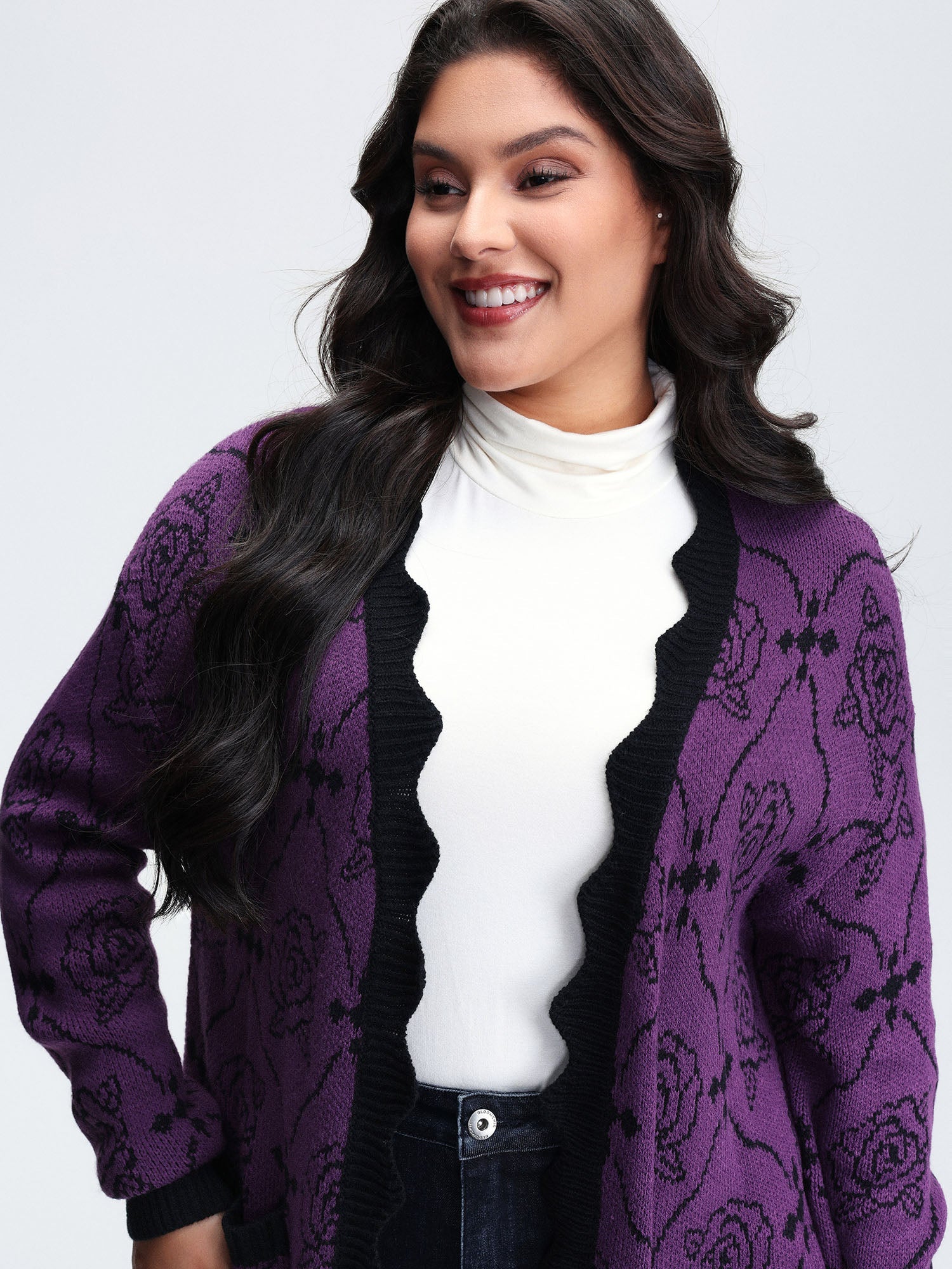 Floral Pattern Scalloped Collar Knit Cardigan