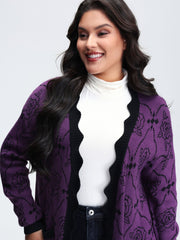 Floral Pattern Scalloped Collar Knit Cardigan