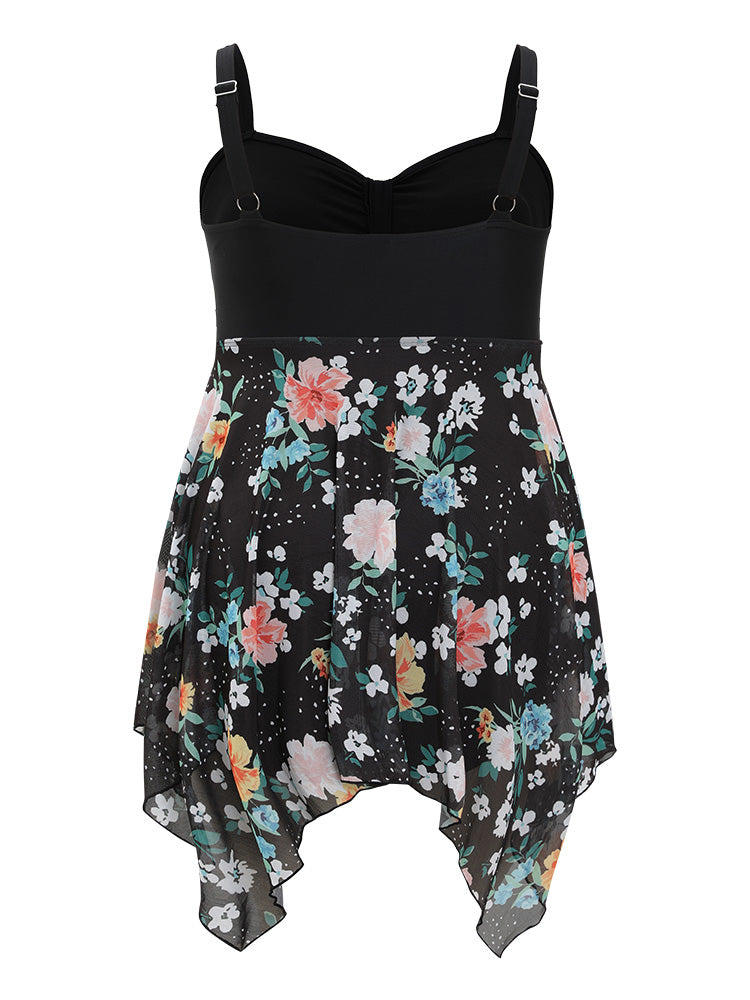 Floral Patchwork Ruched Front Hanky Hem Swim Dress